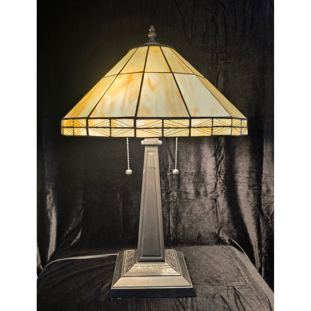 VTG Tiffany Style Arts & Crafts Mission Slag Stained Glass Large Table Lamp 24"
